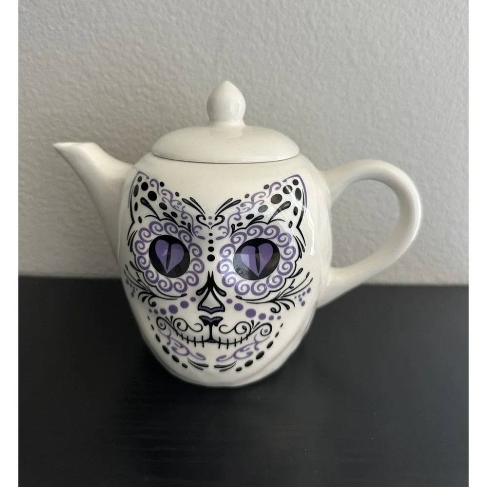 Cat Sugar Skull Day Of The Dead Teapot 2014 Archie McPhee Purple & Black